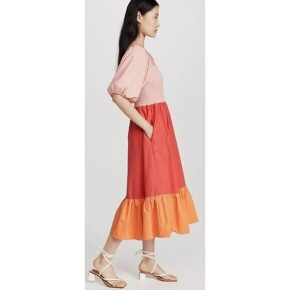 RHODE Eloise Colorblock Smocked Strawberry Multi Midi Dress Sz. S - Picture 1 of 8